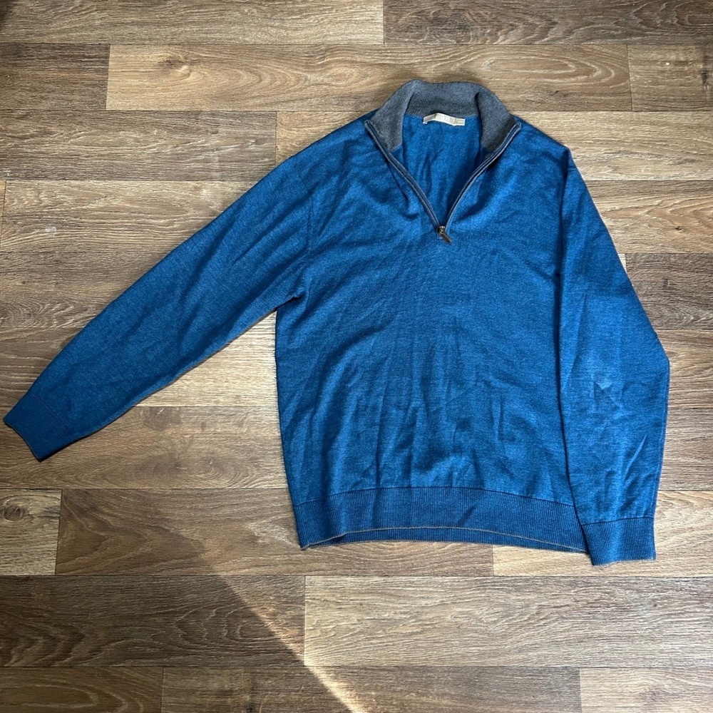 Raffi Quarter Zip Pullover Mens XL Blue Extra Fine Merino Wool Mock Neck Sweater
